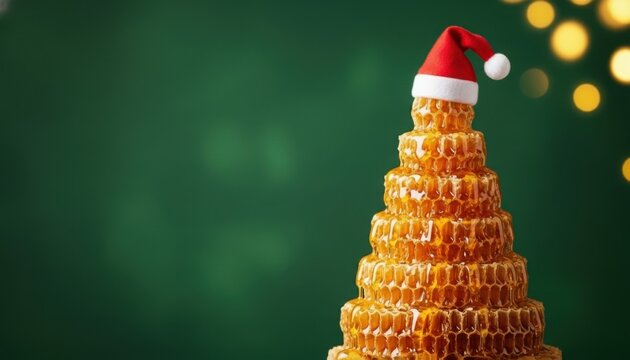 A decorative honeycomb shaped like a Christmas tree, topped with a small Santa hat. The background is green with soft bokeh lights, creating a festive atmosphere. - Powered by Adobe
