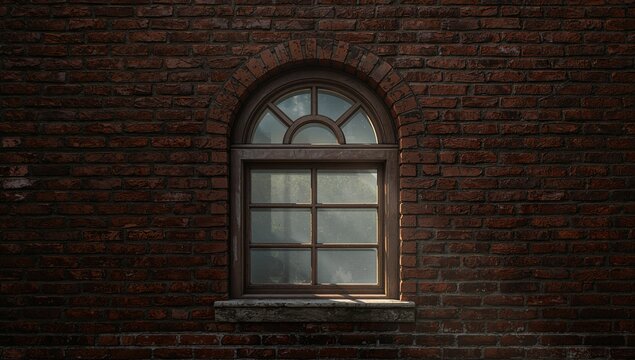 Historic arched window in an old weathered red brick wall texture.