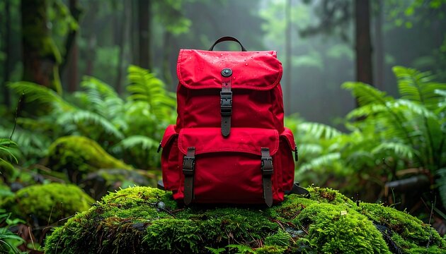 Vibrant Red Backpack in a Lush Forest Adventure with Travel, and and Hiking Concept.