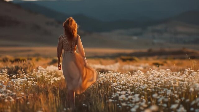 Woman with flowing hair in a field of wildflowers at sunset