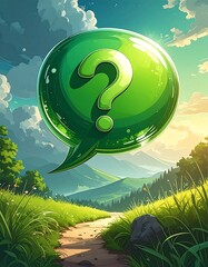 A green question mark speech bubble floats above a winding path through a grassy valley towards distant mountains