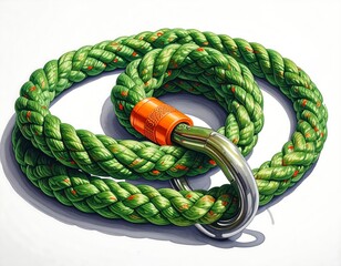 A green rope with orange flecks is looped around a silver carabiner, casting a soft shadow