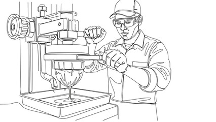 Worker Pressing Coconut in Oil Machine — Black Continuous Close-Up Line Art Representing Traditional Coconut Processing 