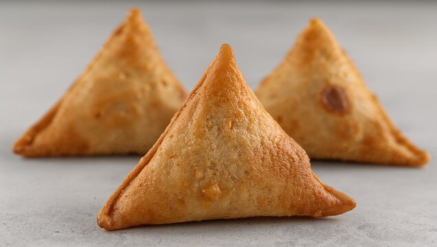 Golden fried indian samosas on a light background, traditional snack food