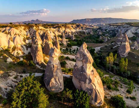Aerial view of a dramatic, eroded landscape at sunset with rock formations