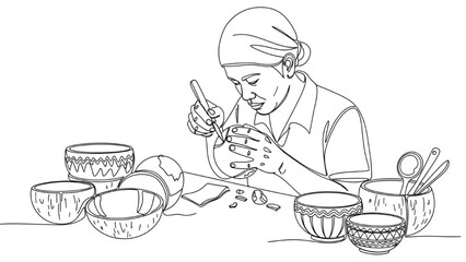 Artisan Carving Decorative Bowls from Coconut Shell — Black Continuous Line Art Showing Craftsmanship 