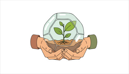 Two hands gently cradle a glass terrarium containing a growing plant with roots.