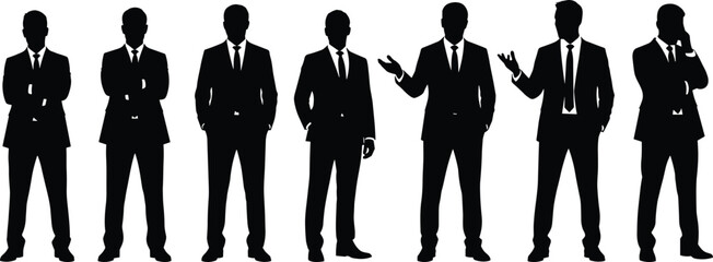 Businessman silhouette poses, professional body language, corporate identity concept, office attire illustration, cad drawing flat vector illustration
