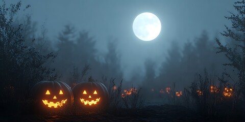 Glowing pumpkins cast eerie shadows beneath a bright full moon in a foggy Halloween forest setting(2).