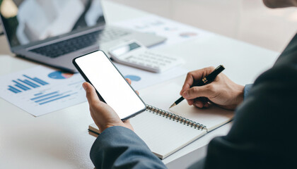 A person in a business suit holding a blank smartphone and writing in a notebook, with charts and a calculator in the background.