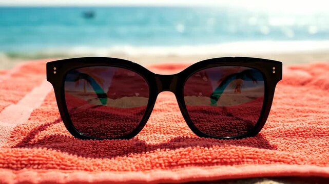 Black sunglasses resting on a beach towel near the ocean