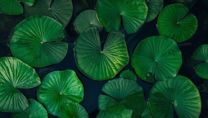 Lush green water lily pads floating on a still dark pond surface