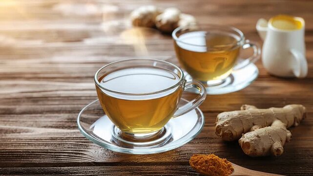 Warm herbal tea with ginger and turmeric on a rustic wooden table.