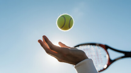Low angle close up of hand tossing tennis ball into air for serve. silhouette of racket against clear blue sky with sun flare, conveying action and focus