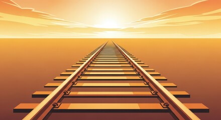 Railway tracks converge towards a bright horizon under a warm sky