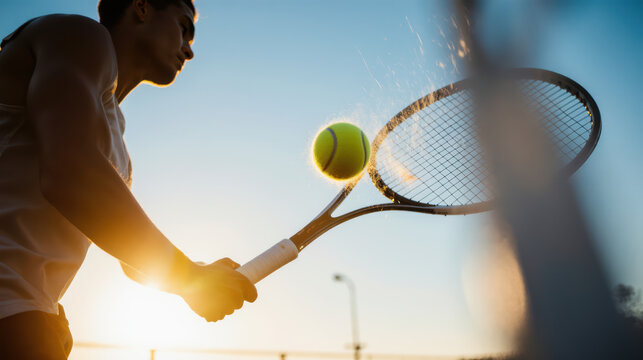 Determined man and tennis player hits powerful backhand with racket on an outdoor court at sunset. This recreational sport shows intense action and focus
