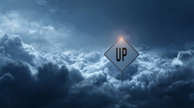 Reach for the sky with this uplifting sign against a dreamy cloudscape, perfect for inspirational marketing, business growth, or motivational content