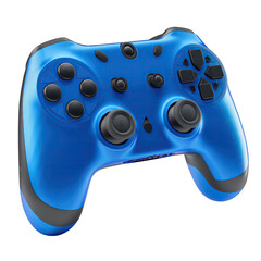 Detailed Blue Video Game Controller with Black Accents and Textured Joysticks on a Transparent Background Showing Advanced Gaming Technology