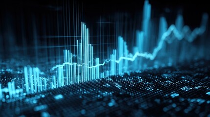 Futuristic financial market data analysis display showing glowing blue charts and graphs