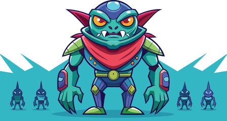 Vibrant cartoon alien monster with pointy ears and glowing eyes stands guard with smaller alien companions in a futuristic landscape © merry