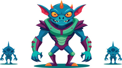 Intimidating alien creature with sharp claws and glowing eyes, flanked by smaller alien companions, perfect for sci-fi themes and fantasy projects