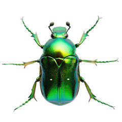 Detailed Close Up Macro Studio Shot Of A Vibrant Iridescent Green Scarab Beetle Showing Intricate Details And Shiny Metallic Exoskeleton Against A Stark Black Background