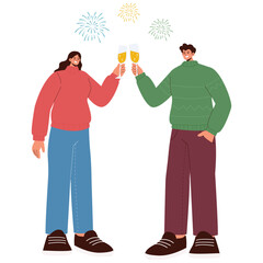 New Year Illustration. Vector illustration of Man and woman clink champagne glasses while fireworks sparkle above. Isolated on background
