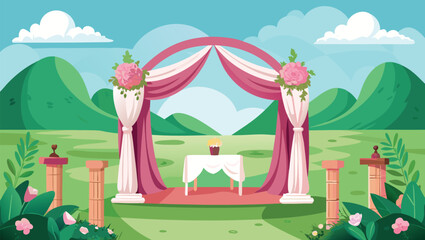 Elegant outdoor wedding ceremony setup with floral arch and scenic mountain backdrop, perfect for celebrations.