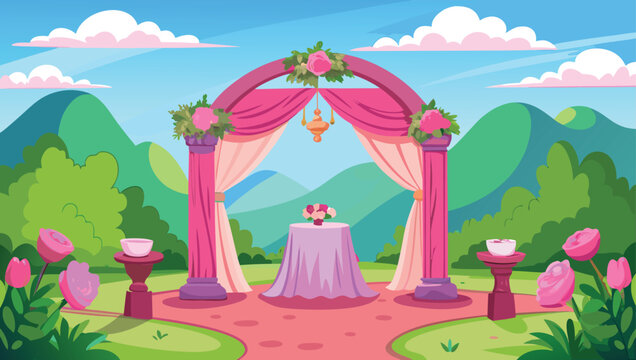 Dreamy outdoor wedding ceremony setup with floral arch and romantic decorations under a bright blue sky and rolling hills. - Powered by Adobe