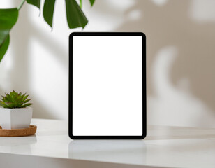 Minimalist vertical tablet mockup on a white desk with plant shadows and a small succulent. Ideal for UI/UX showcase.