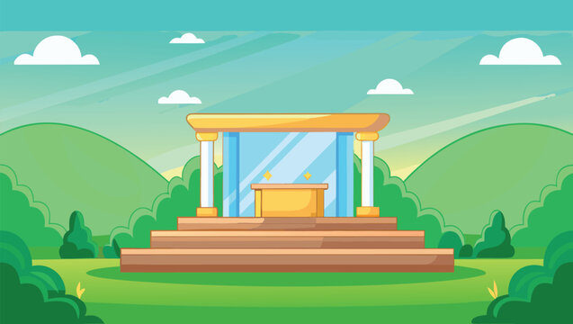 Serene landscape with a golden podium and glass structure against a vibrant sky, evoking peace and achievement