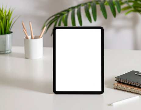 Blank screen tablet mockup on a bright, minimalist workspace with pencils, notebooks, and plants. Perfect for showing apps or designs.