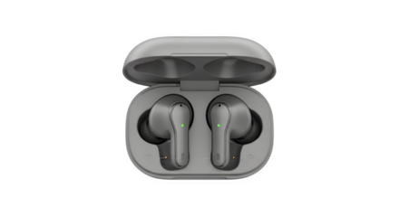 Modern wireless earbuds and charging case open showing the earpieces isolated on transparent background