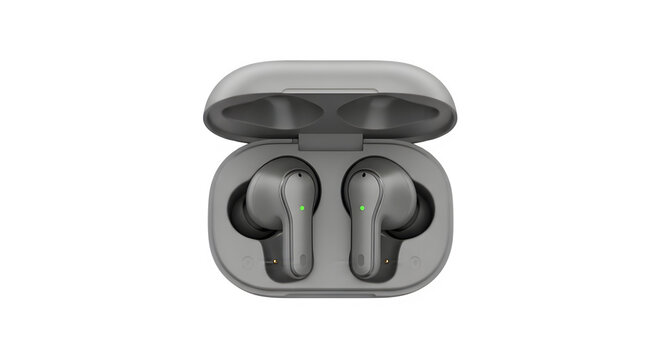Modern wireless earbuds and charging case open showing the earpieces isolated on transparent background