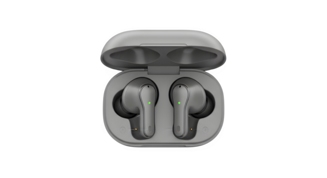 Modern wireless earbuds and charging case open showing the earpieces isolated on transparent background - Powered by Adobe