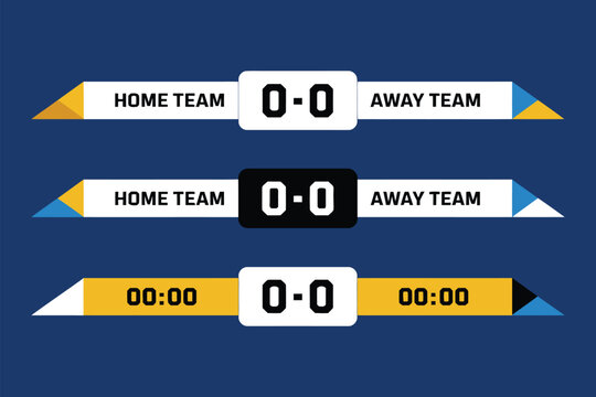 Sports tv broadcast banner set. yellow and blue scoreboard templates for live ranking display, match results, player stats, and real-time game updates.