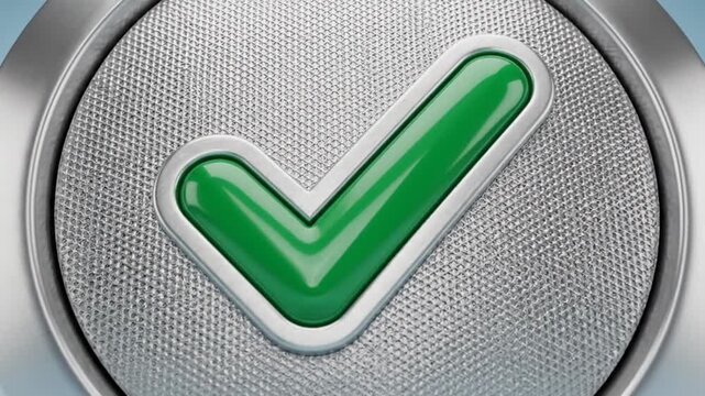 A shiny green check mark symbolizing approval on a textured silver button.