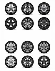 A grid of nine various car tires each with unique rim designs on a white background with shadows