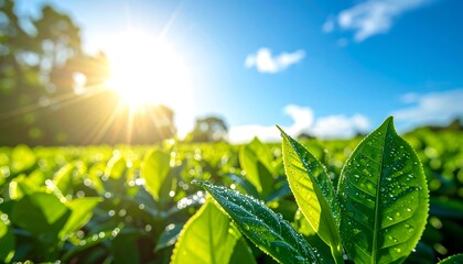 Lush tea leaves bathed in morning sun