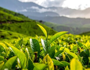 Lush tea leaves on a hillside
