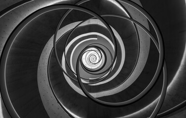 Black and White Spiral Staircase with Curved Lines and Light Accents