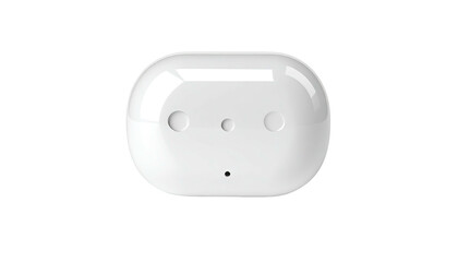 Rounded white device with three circular holes and small central dot on black backdrop