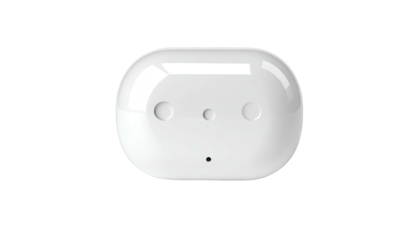Rounded white device with three circular holes and small central dot on black backdrop