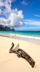 A pristine beach scene features a sun-kissed, white sandy shore. Driftwood rests on the sand with turquoise waters and a bright blue sky