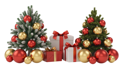 Festive Christmas trees adorned with red and gold ornaments, surrounded by gifts.