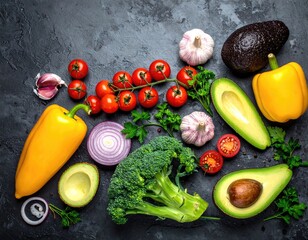Fresh vegetables and fruits spread on dark stone surface