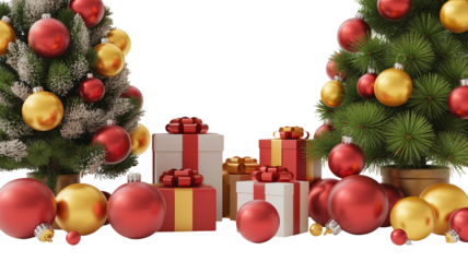 Festive Christmas trees adorned with red and gold ornaments, surrounded by gift boxes