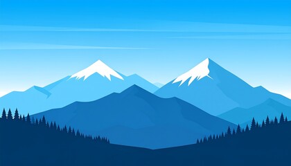 A serene landscape depicting snow-capped peaks against a gradient blue sky, with silhouetted trees in the foreground