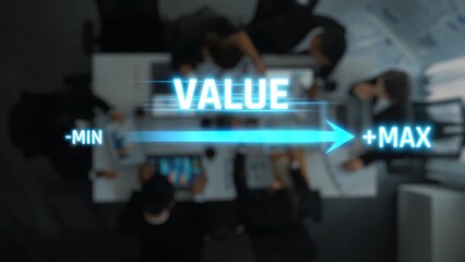 An abstract representation of a value spectrum from minimum to maximum in a modern business setting, showcasing collaboration and teamwork among professionals. Raster