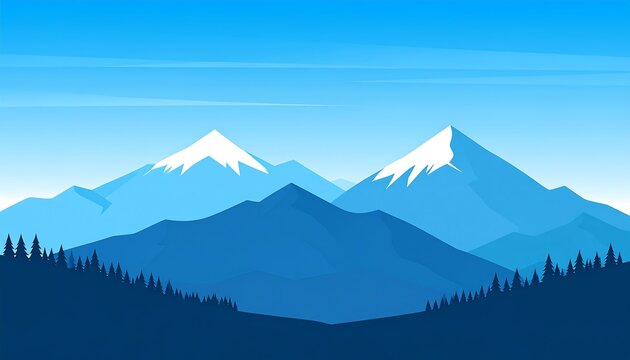 A serene landscape depicting snow-capped peaks against a gradient blue sky, with silhouetted trees in the foreground - Powered by Adobe
